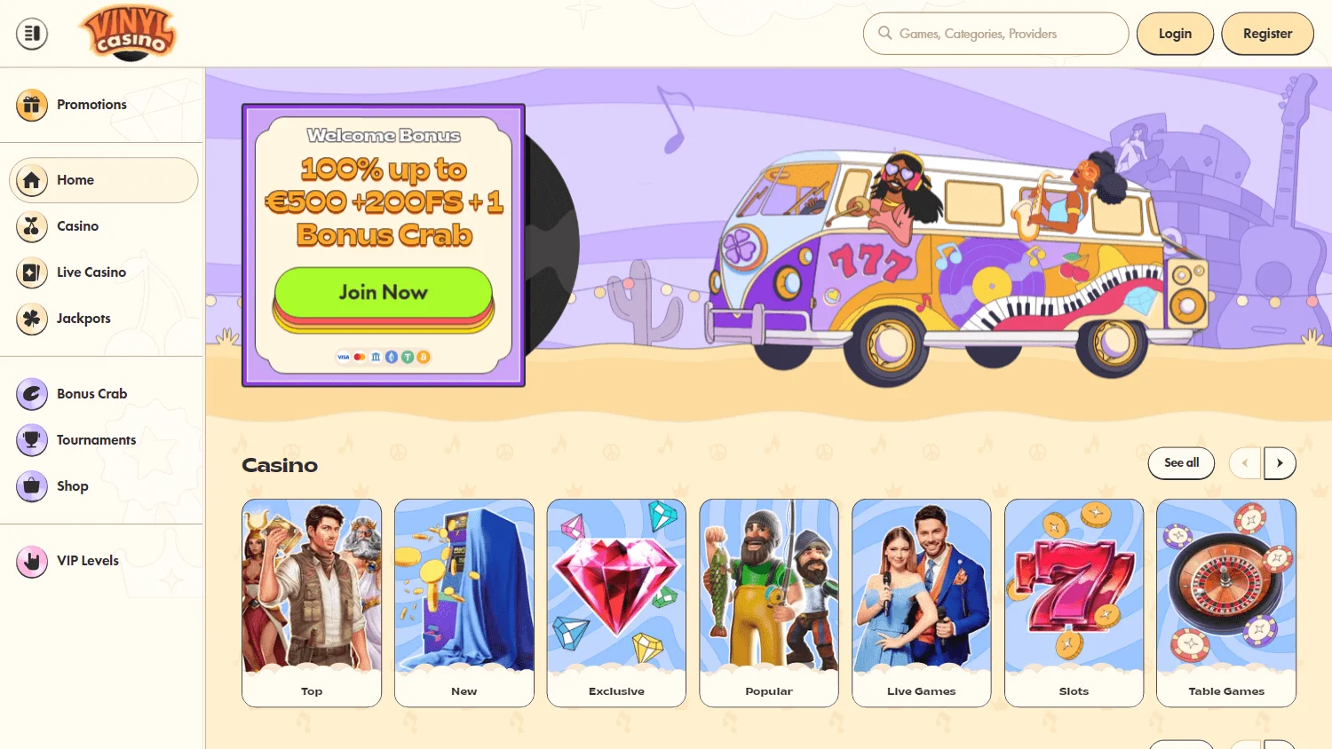 Vinyl Casino desktop home screen with casino branding and account options