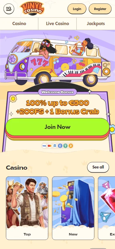 Vinyl Casino mobile browser home screen with casino branding