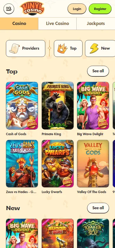 Vinyl Casino mobile browser games screen with casino categories
