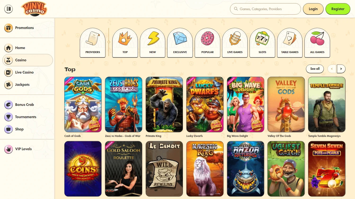 Vinyl Casino desktop casino games screen with pokies and table game categories