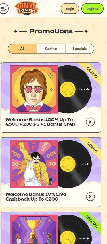 Vinyl Casino mobile browser promotions screen with casino offers