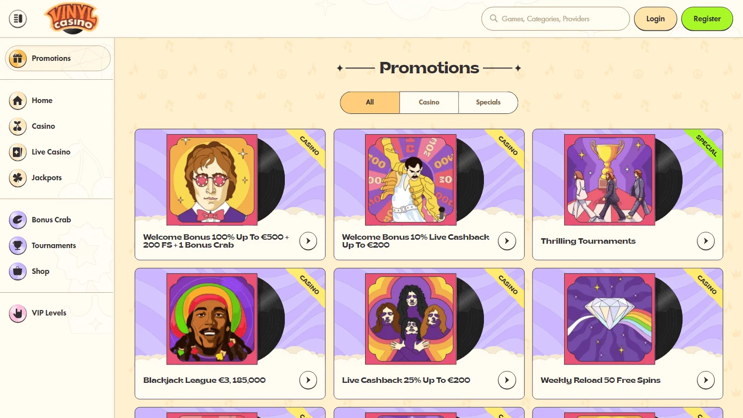 Vinyl Casino desktop promotions screen with welcome and reload offers